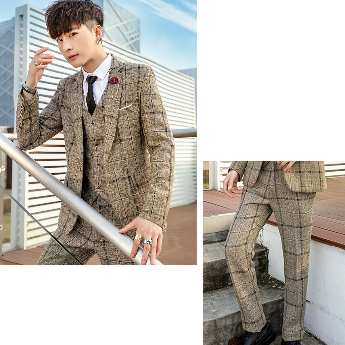 楽天市場】【10%オフ☆LINEクーポン】ブラウン チェック柄スリムスーツ