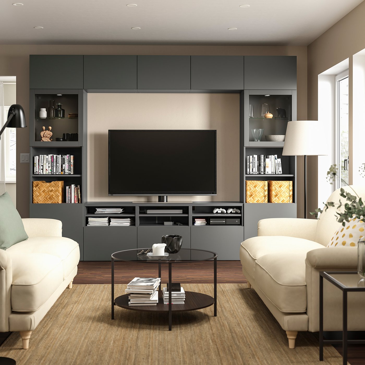 BESTÅ ベストー テレビボード/ガラス扉, ダークグレー ラップヴィー