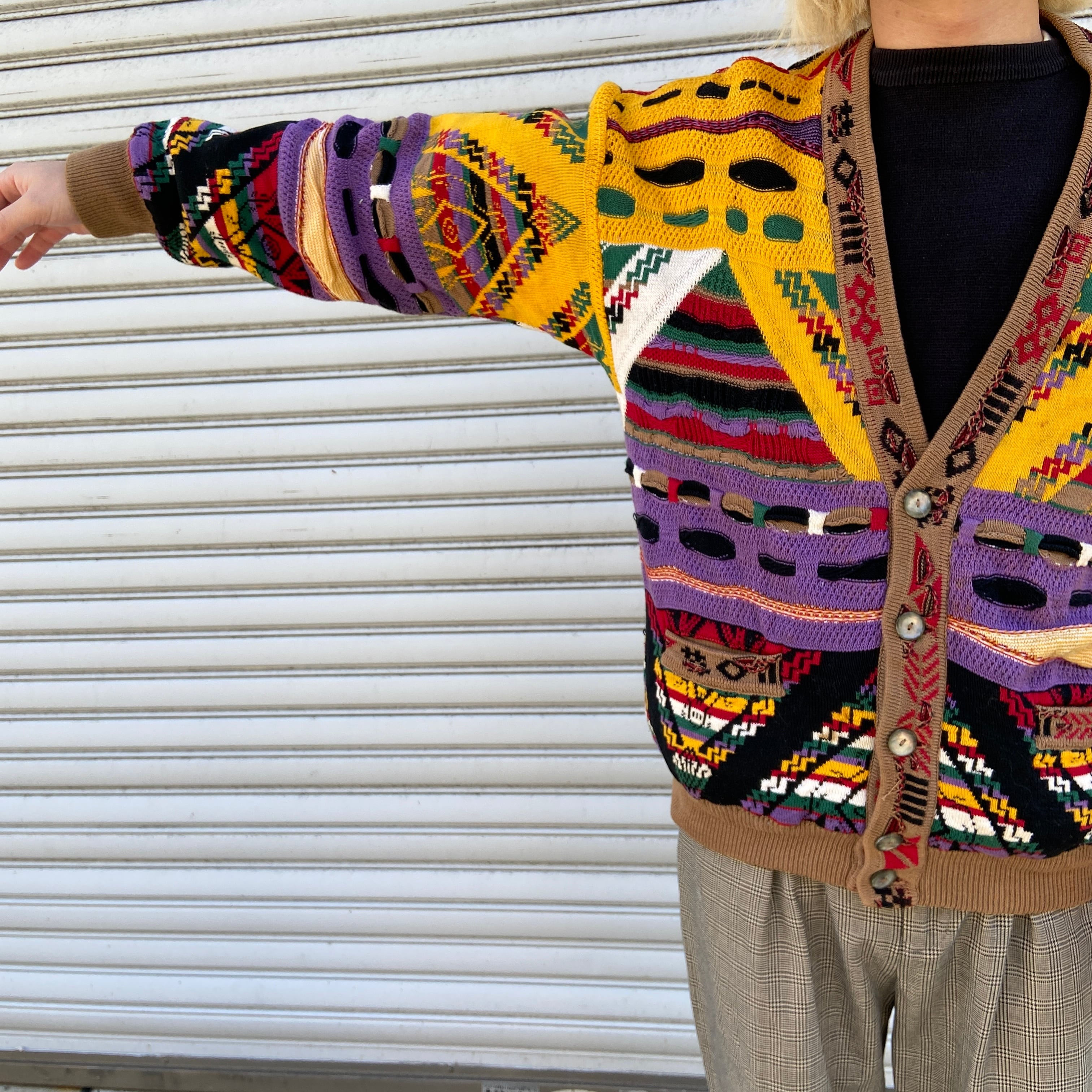 90s COOGI クージー 3Dニットカーディガン 総柄ニット 黄色 M | 古着屋 Uan