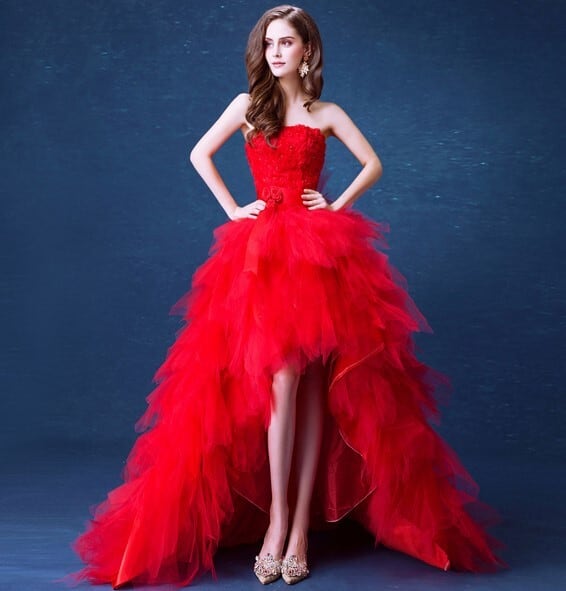 赤 フィッシュテール トレーン ベアトップ 憧れのドレス ウエディング