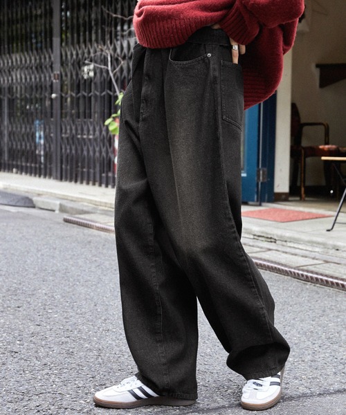 ヴィンテージライクフェード加工カラーワイドデニムパンツ（デニム