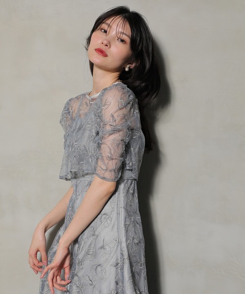 シャーリングスリーブ 総レース フェミニン パーティー ドレス 結婚式