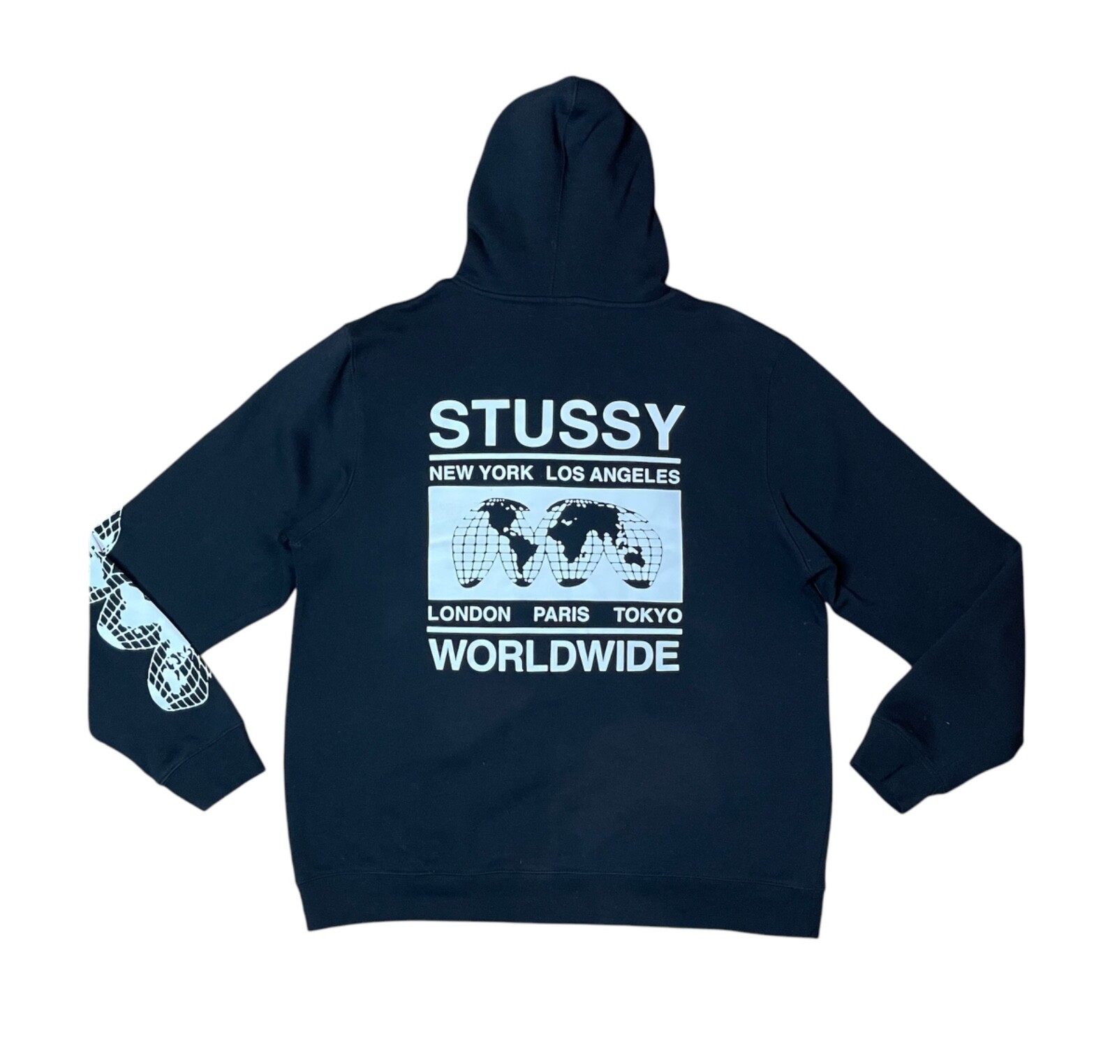 Stussy Worldwide Black Logo Hoodie Sweatshirt Men's XL Paris Tokyo