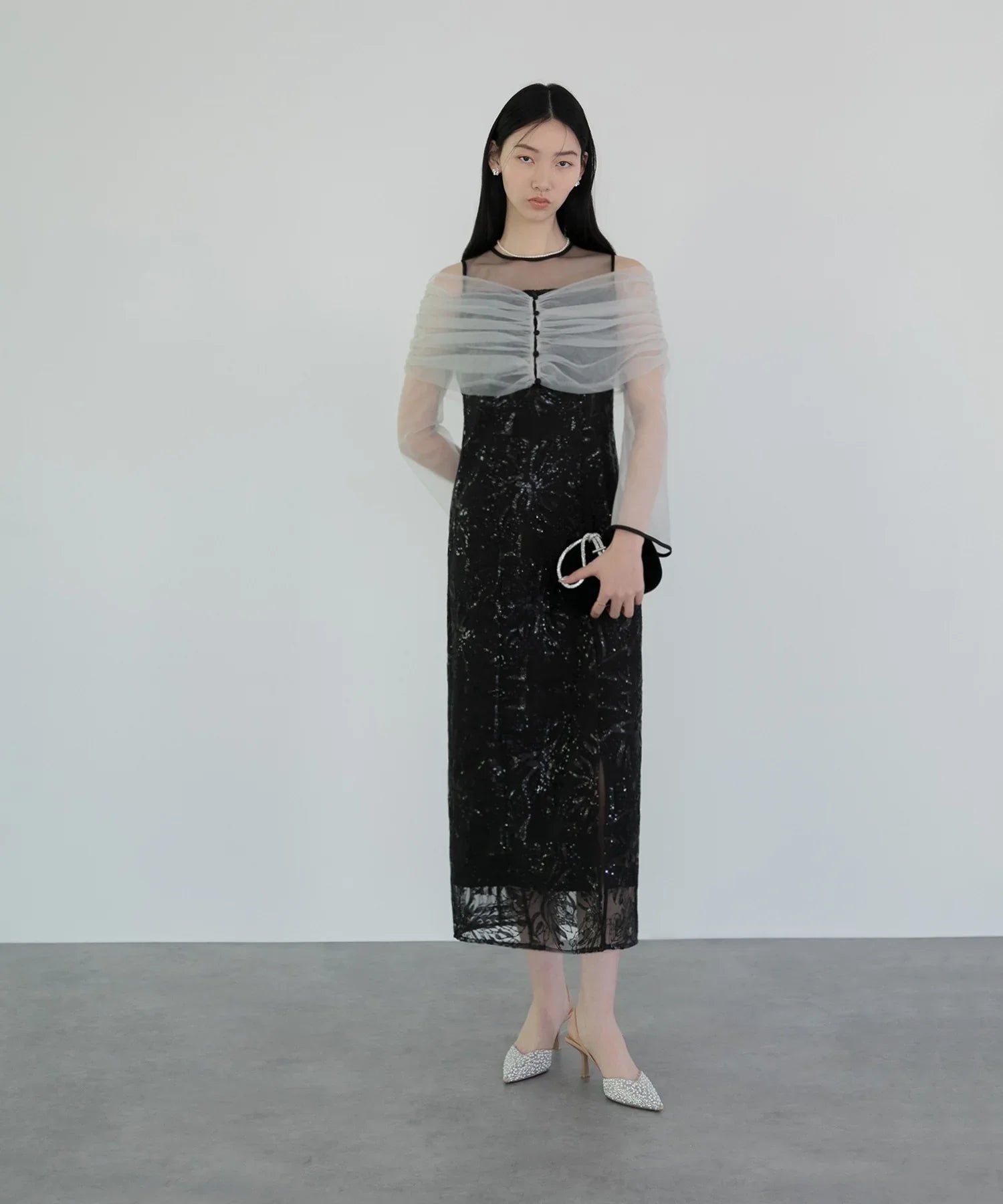 一部当日発送】チュールオフショルダー花柄Iラインドレス/パーティー