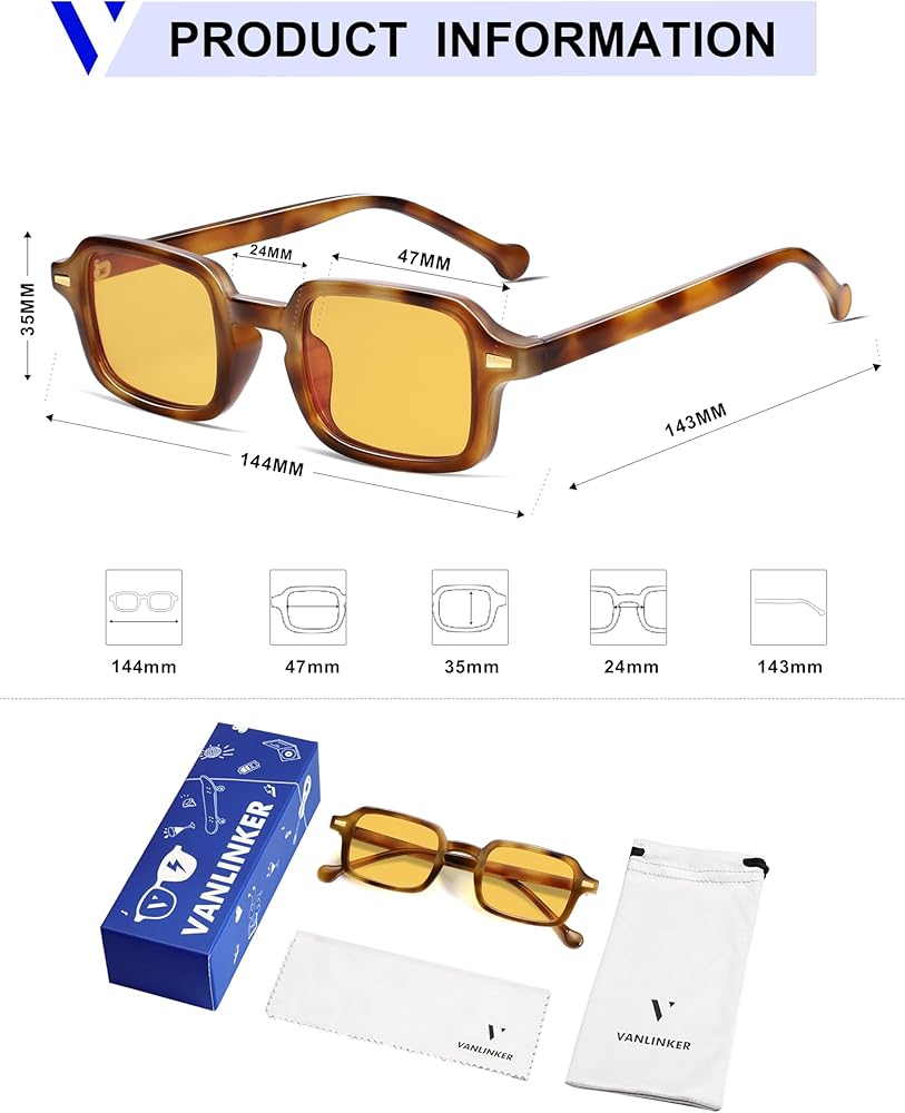 VANLINKER Retro Rectangle Sunglasses for Women Men Trendy Small
