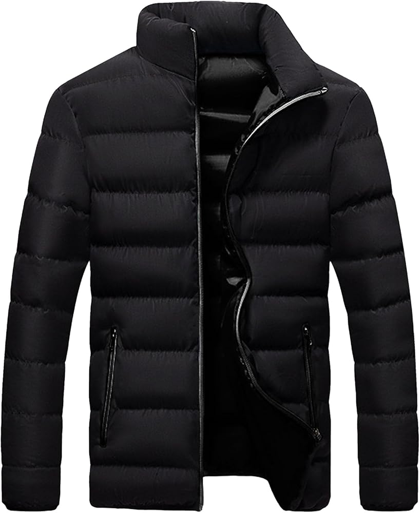 Men's Zipper Puffer Down Jacket Fashion Stand Collar Quilted