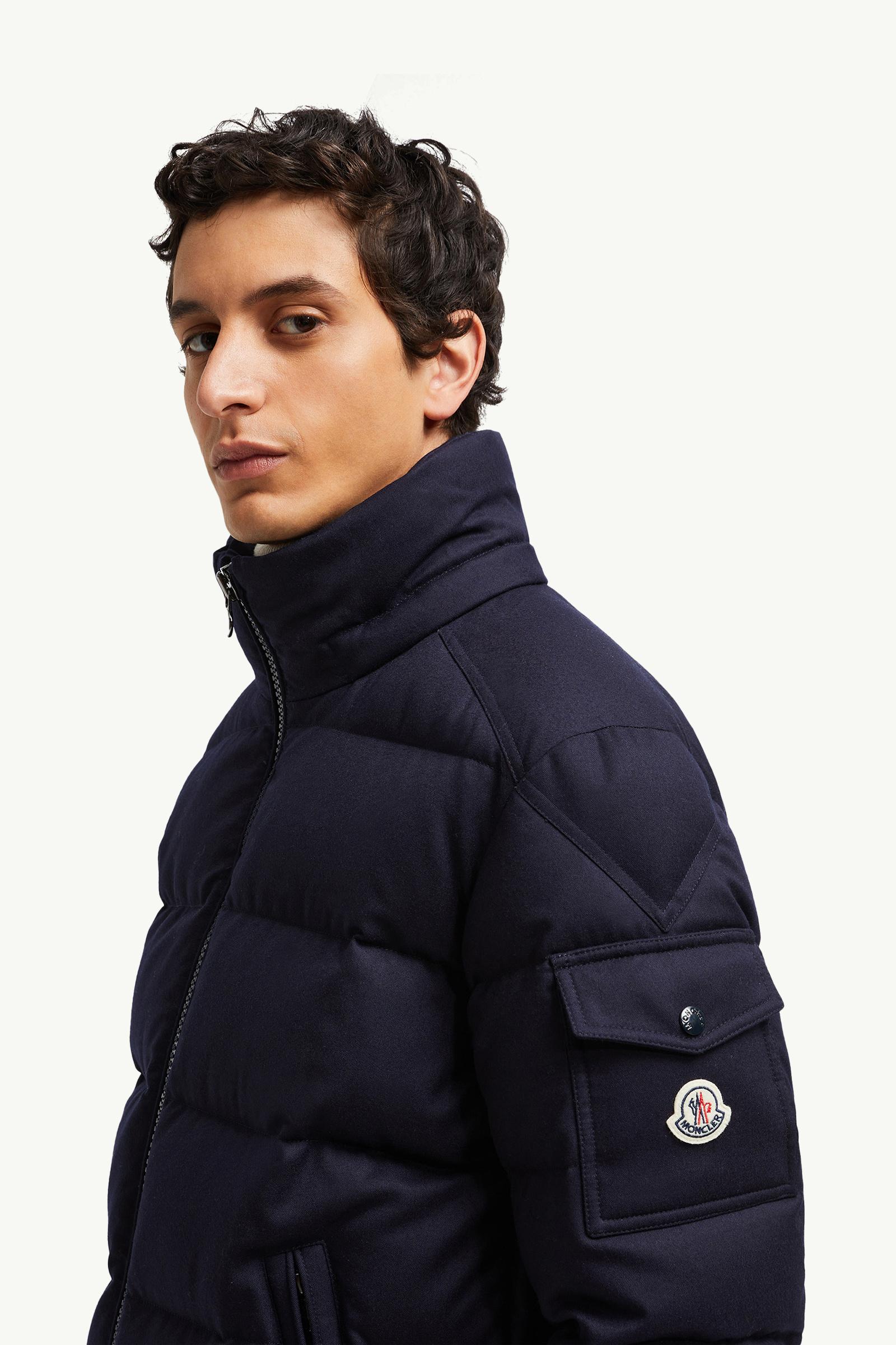 Navy Blue Montgenevre Hooded Wool Flannel Short Down Jacket