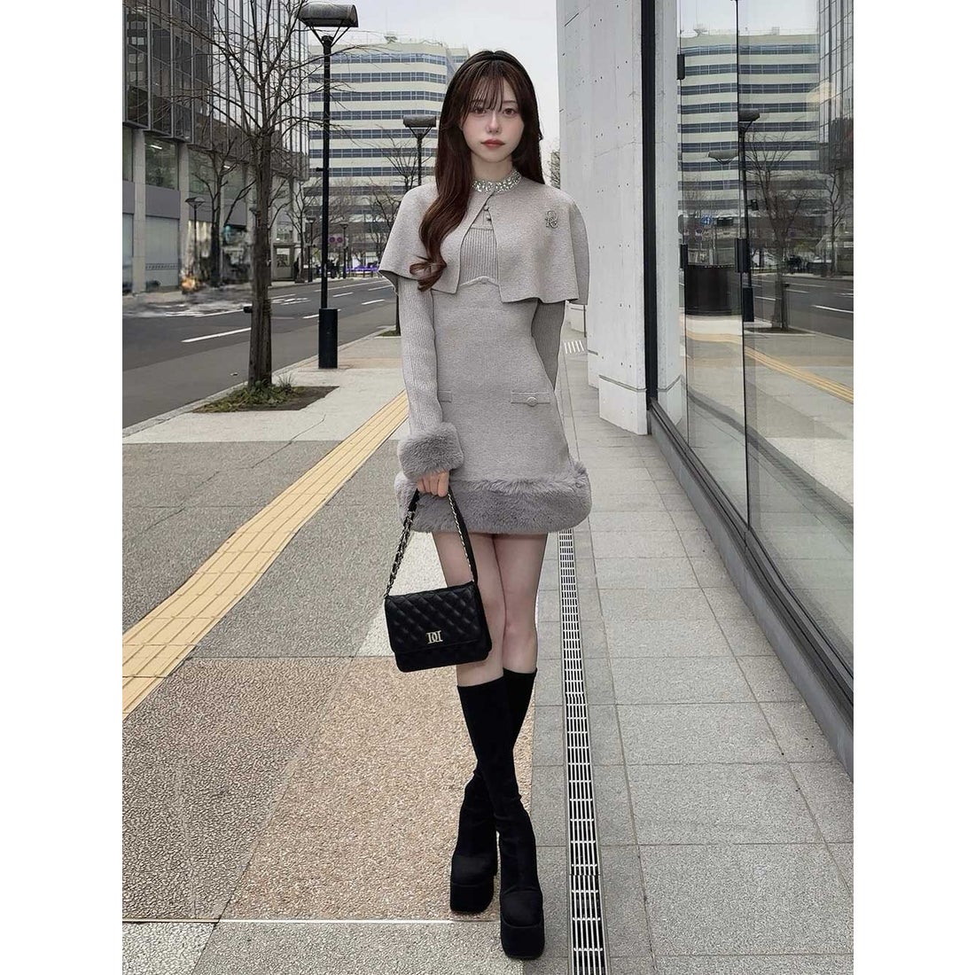 ダーリッチ Darich ビジューケープニットミニワンピース （グレー