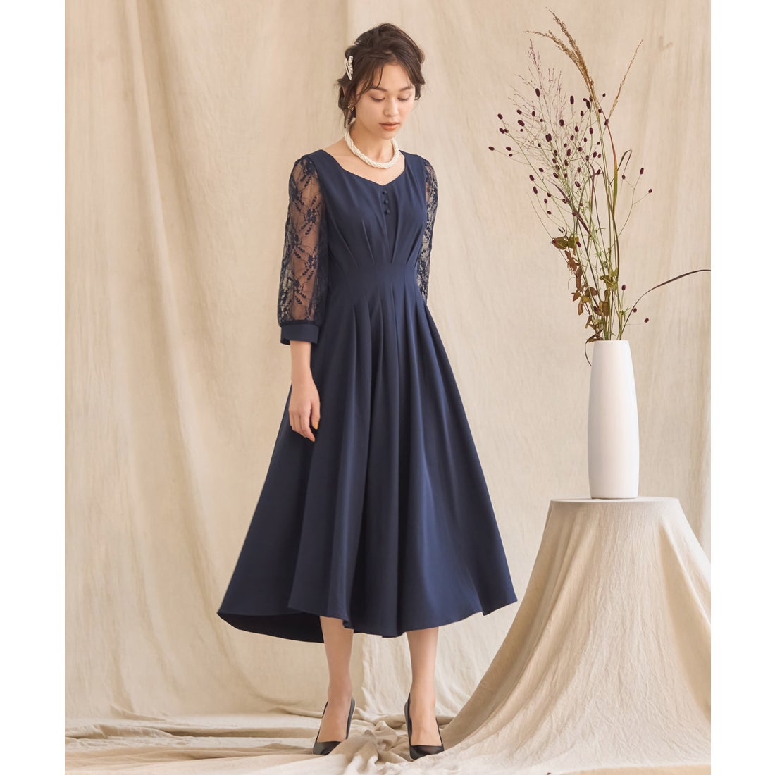 ドレスプラス DRESS+ ワンピース ドレス フレア Aライン ミモレ丈 袖付