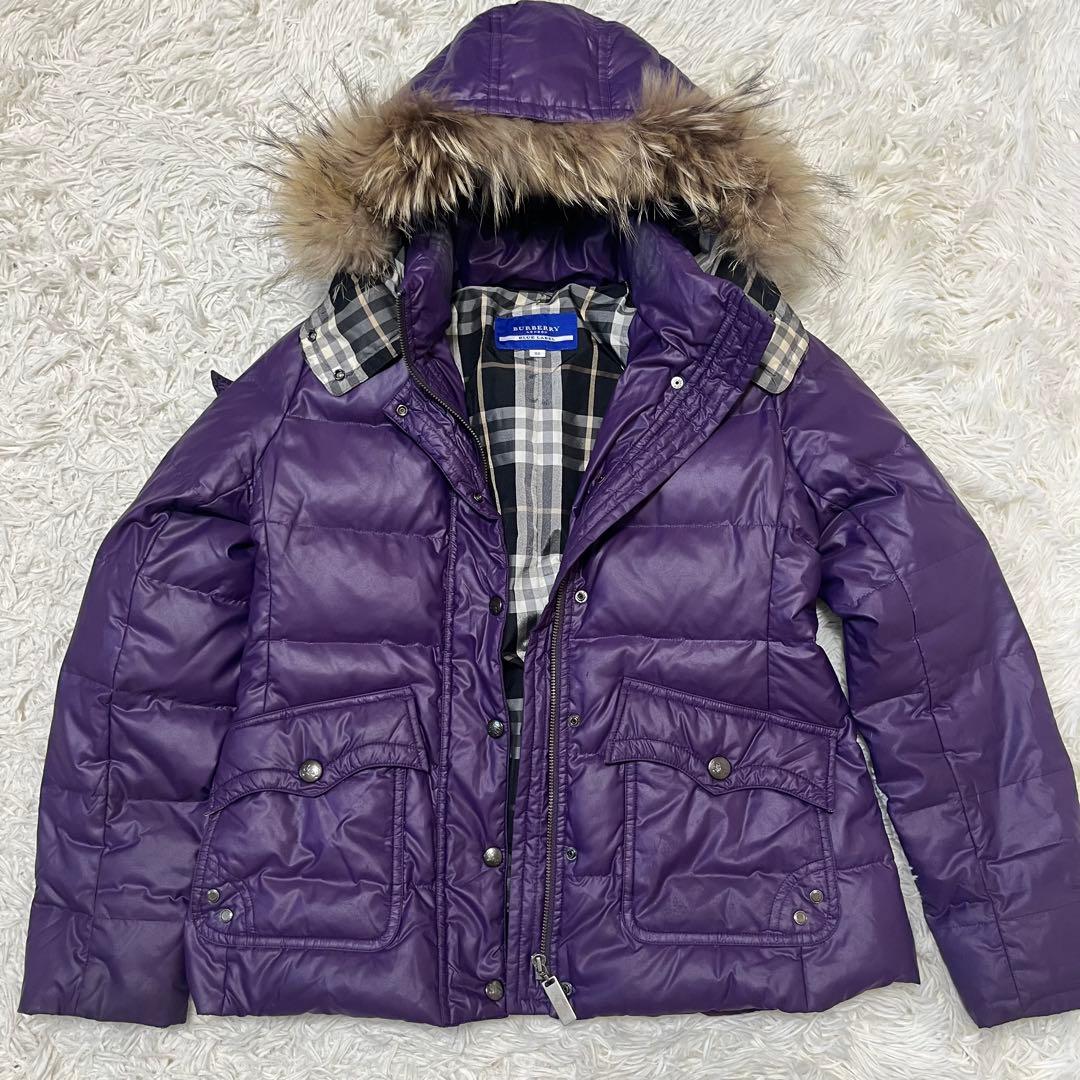 バーバリーブルーレーベル ダウンジャケット タヌキファー ノバチェック パープル バーバリーブルーレーベル ダウンジャケット タヌキファー ノバ